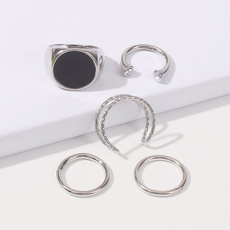 The Colourful Aura 5 Piece Silver Minimalist Stacking Boho Silver Dainty Ring Set