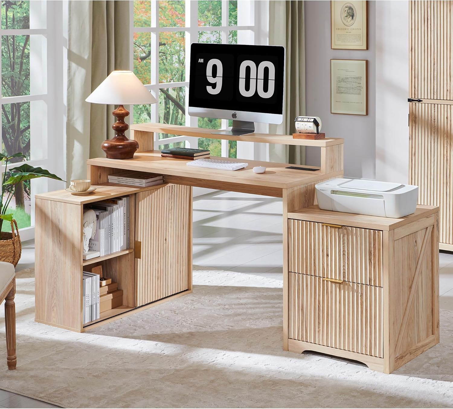 JXQTLINGMU 67 Modern L Shaped Desk with Storage Cabinet & Drawers, Wood Home Office Desk with Power Outlets, Fluted Computer Writing Desk, Natural Oak