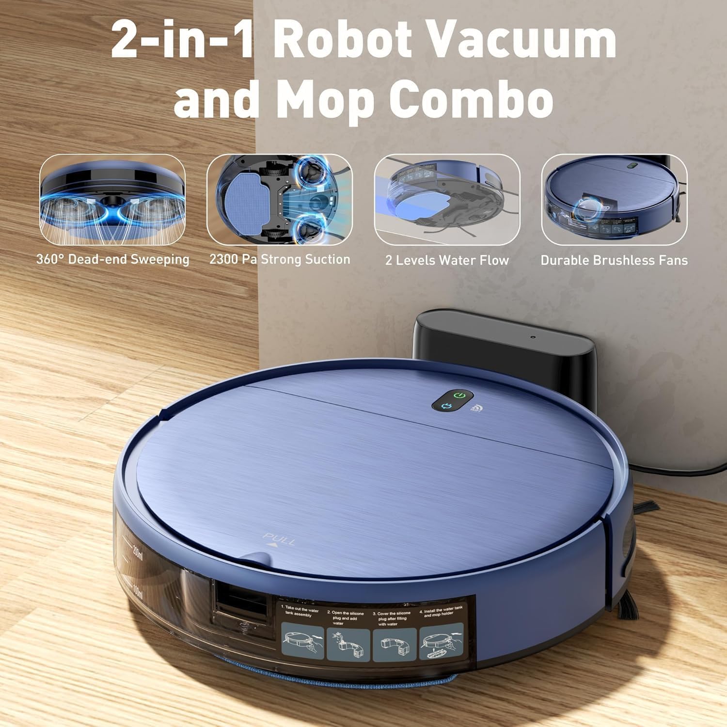 ZCWA Robot Vacuum,Robot Vacuum and Mop Combo with Schedule,APP/Remote/Voice,Strong Suction,Slim Self-Charging 2 in 1 Floor Cleaner for Pet Hair,Carpets,Hard Surfaces