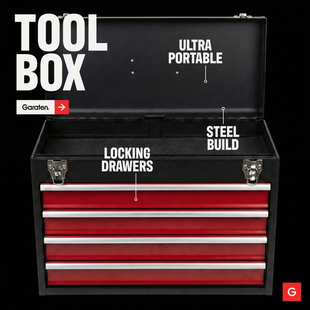 4-Drawer Tool Box with Drawers - Portable Metal Tool Box for Mechanics - Heavy Duty Steel Tool Chest with Locking Latches and Top Storage Compartment, Red/Black