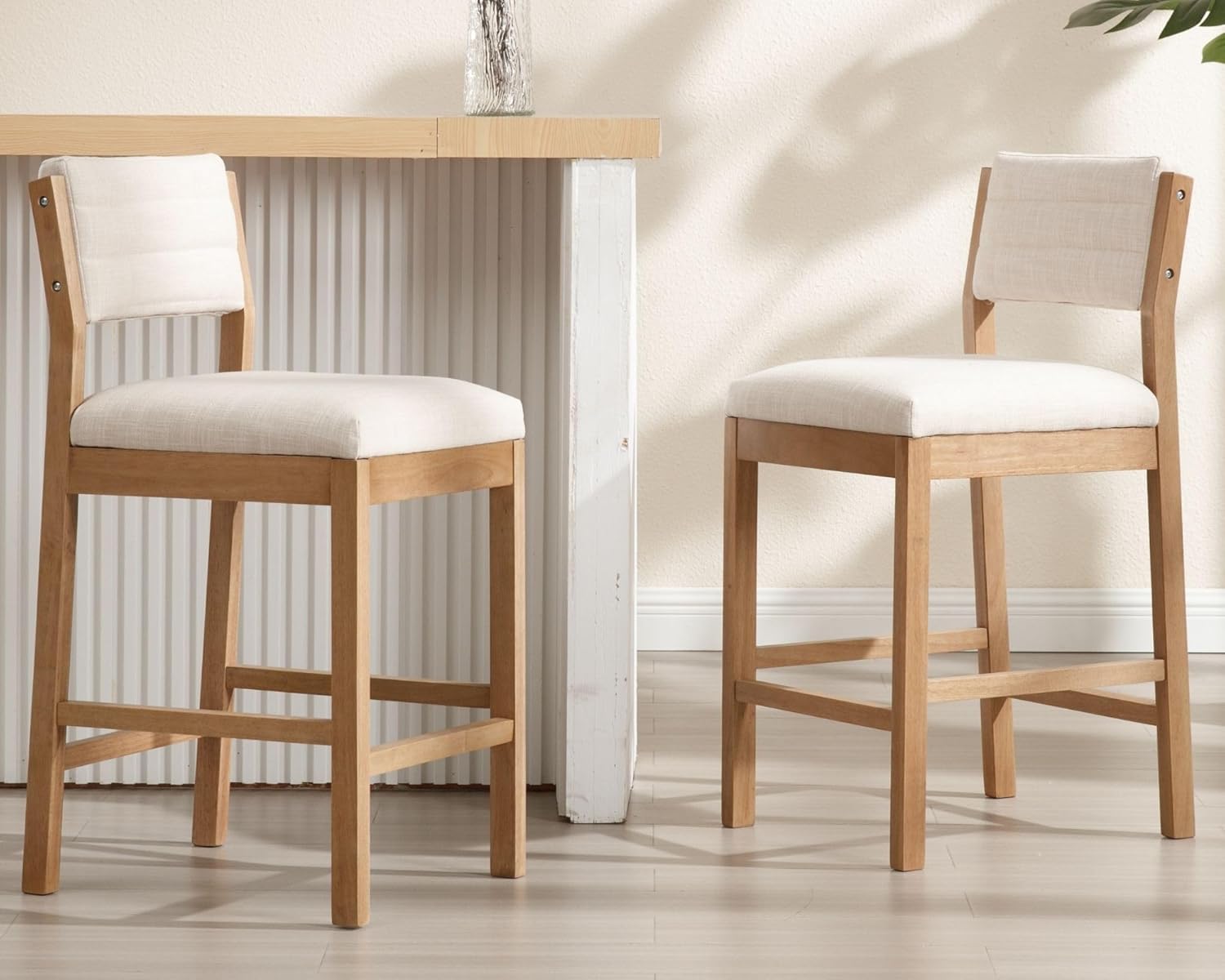 26.5'' Tall Bar Stools Set of 2 Modern Counter Stools with Backs Beige Linen Upholstered Bar Height Chairs Counter Height Island Stools with Wood Frame Farmhouse Wooden Barstools for Kitchen Island