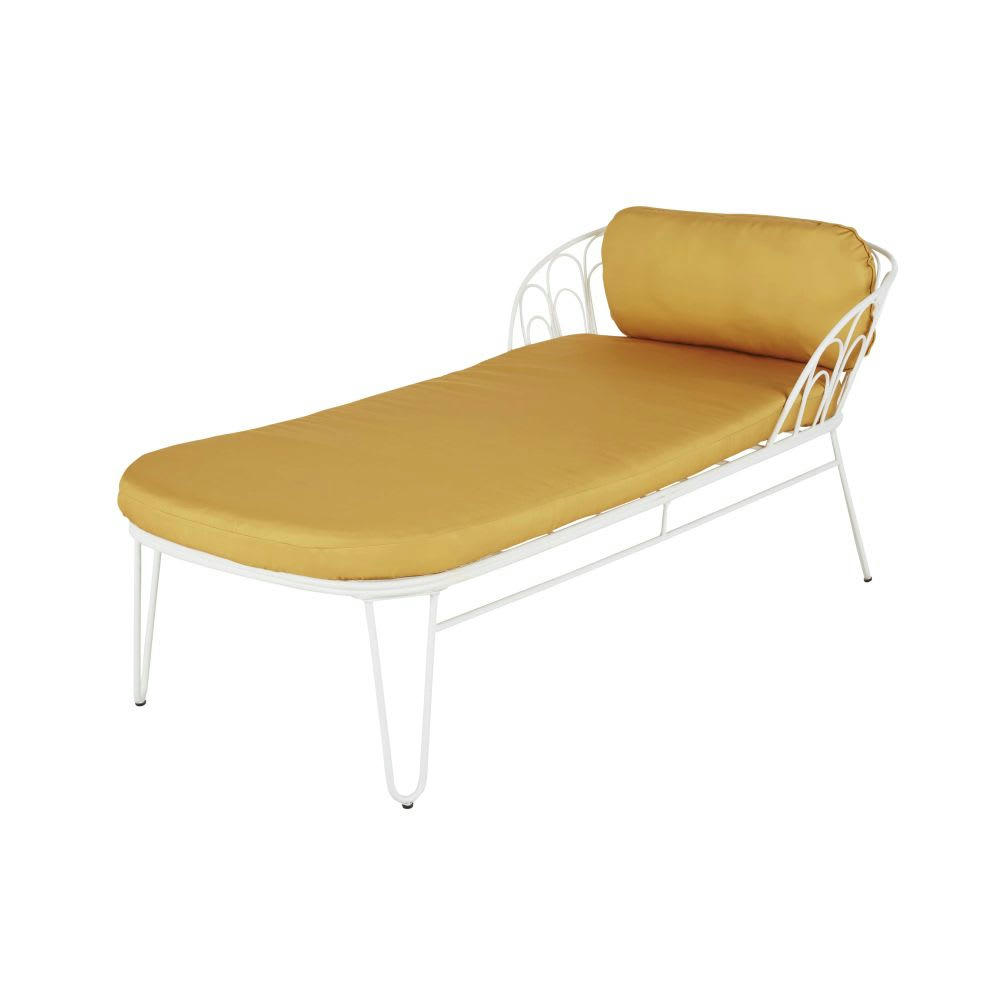 Sandrino - Bain de soleil en acier blanc et coussins ocre