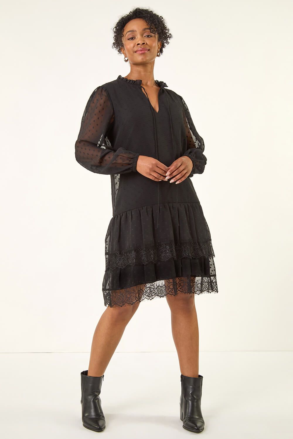Roman Petite Frill Tie Front Lace Dress