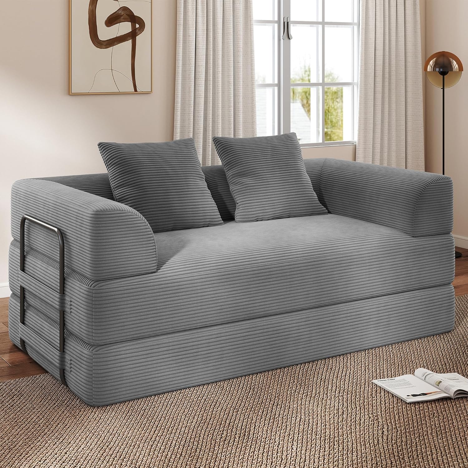 Cloud Boneless Convertible Floor Sofa Bed, 70 4-in-1 Foldable Compressed Loveseat Lounge Sleeper 2 Seater Couches, High-Density Sponge & Corduroy Fabric Futon Daybed for Living Room Bedroom(Gray)