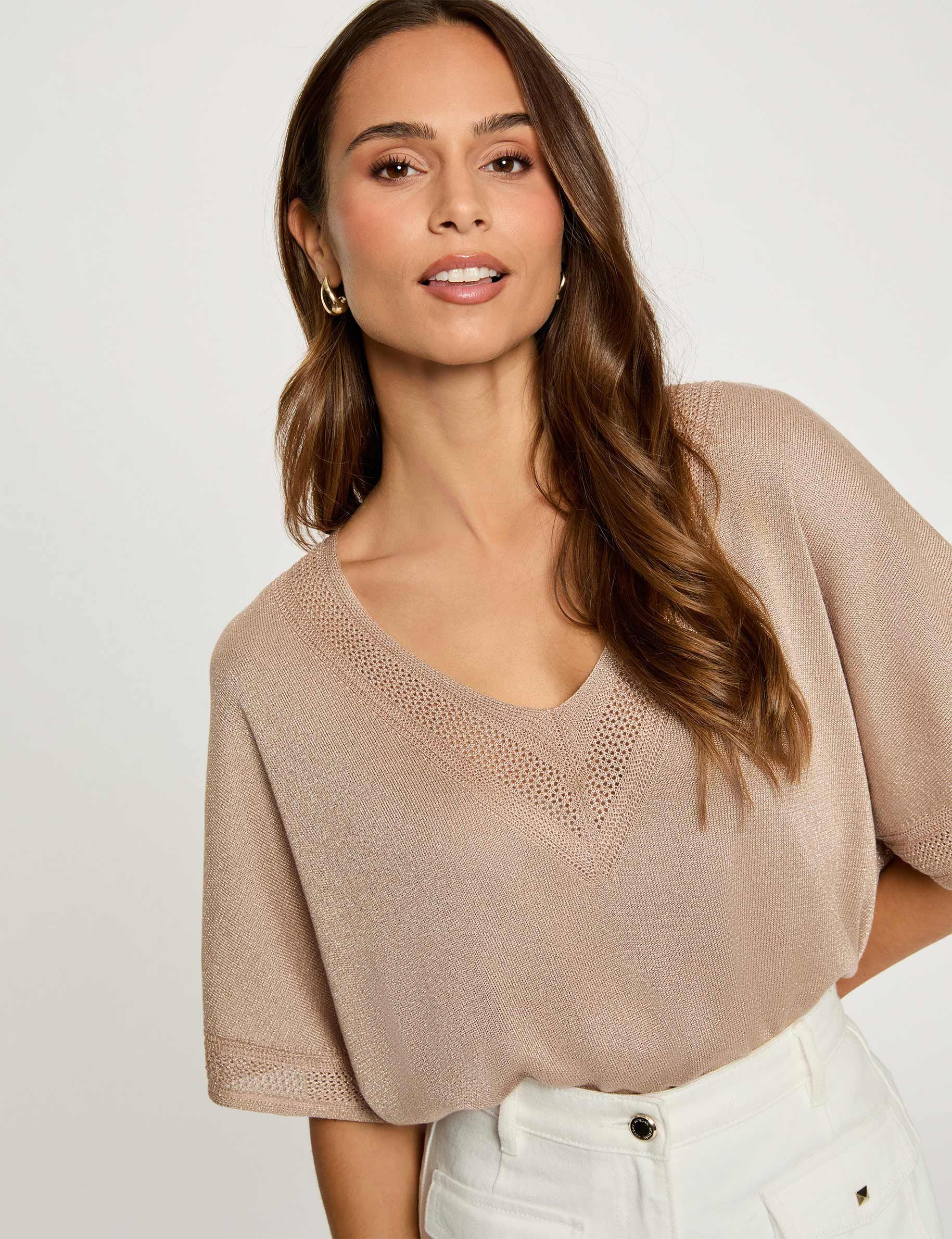 Jumper V-Neck Short Sleeves Taupe Women