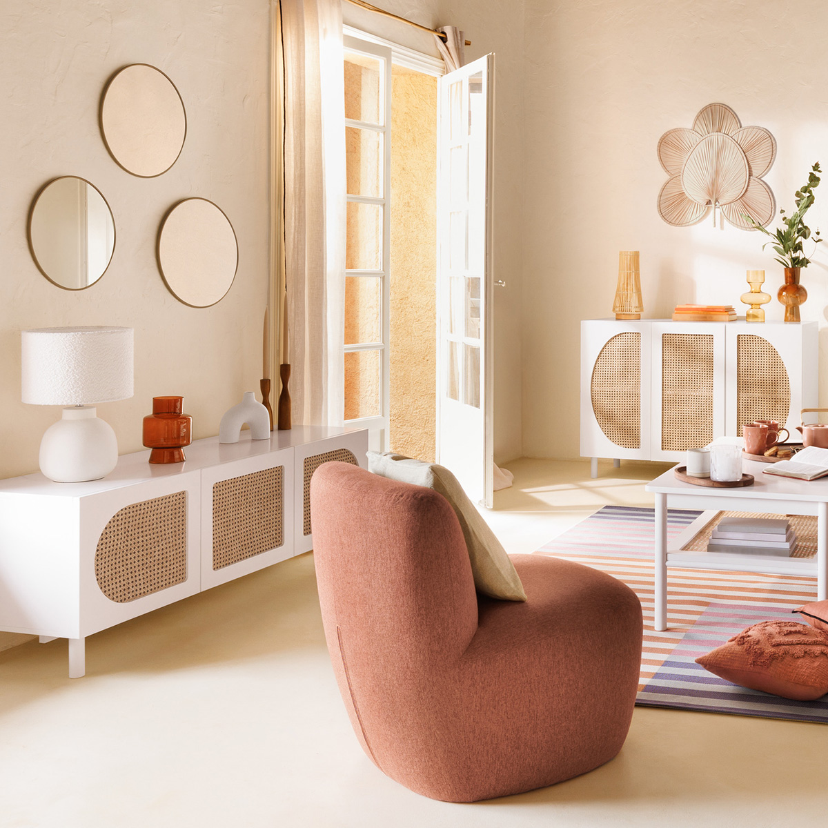 "Cabras" 3-door sideboard White, Rattan, 120x85cm