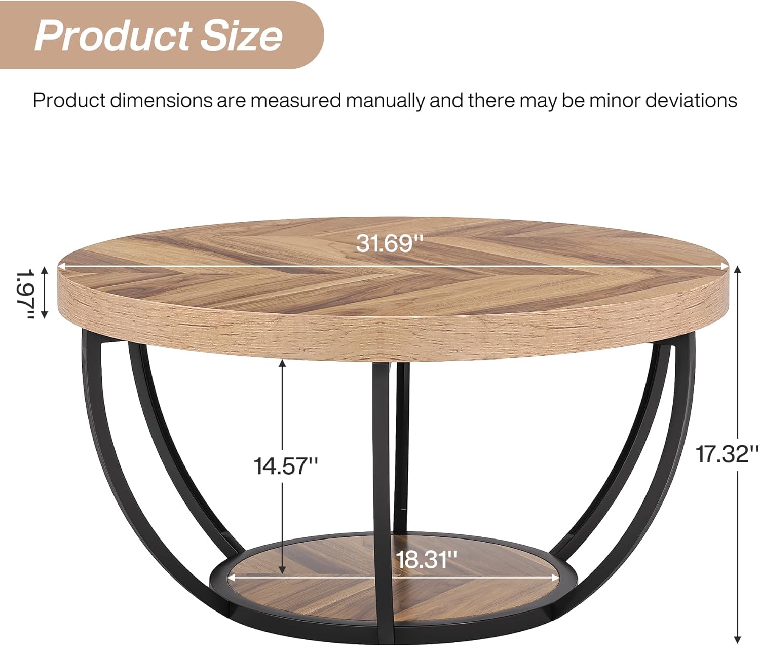 Tribesigns 31.7 Round Industrial Coffee Table with 2-Tier Storage Shelves, Modern Wood & Black Metal Accent Center Table for Living Room, Home Office – Easy Assembly
