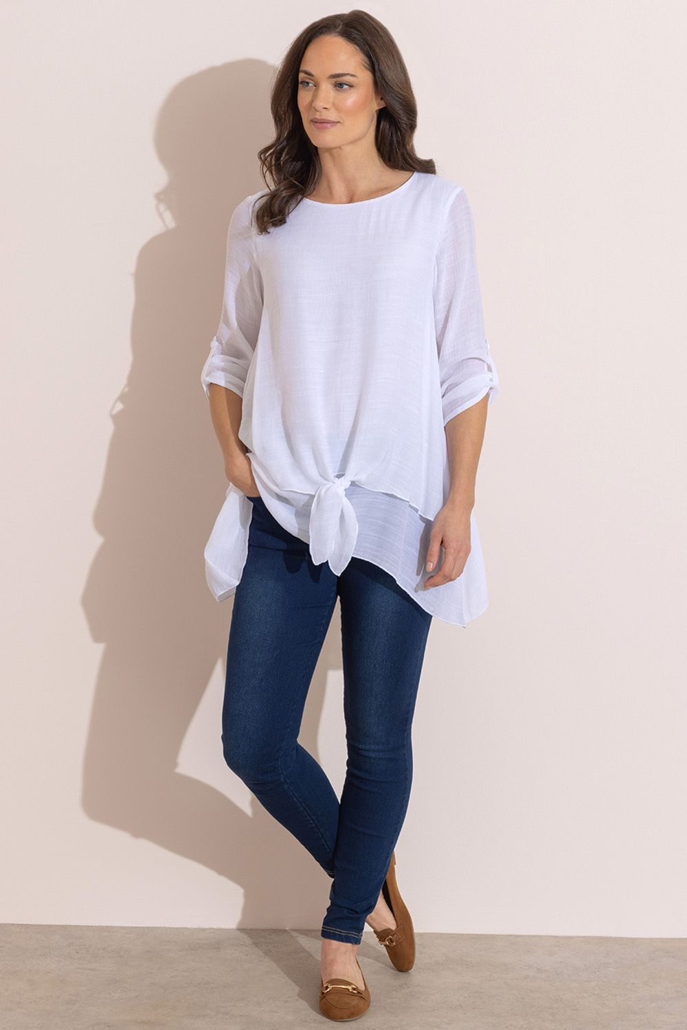 Klass. Layered Dipped Hem Tie Front Tunic Top