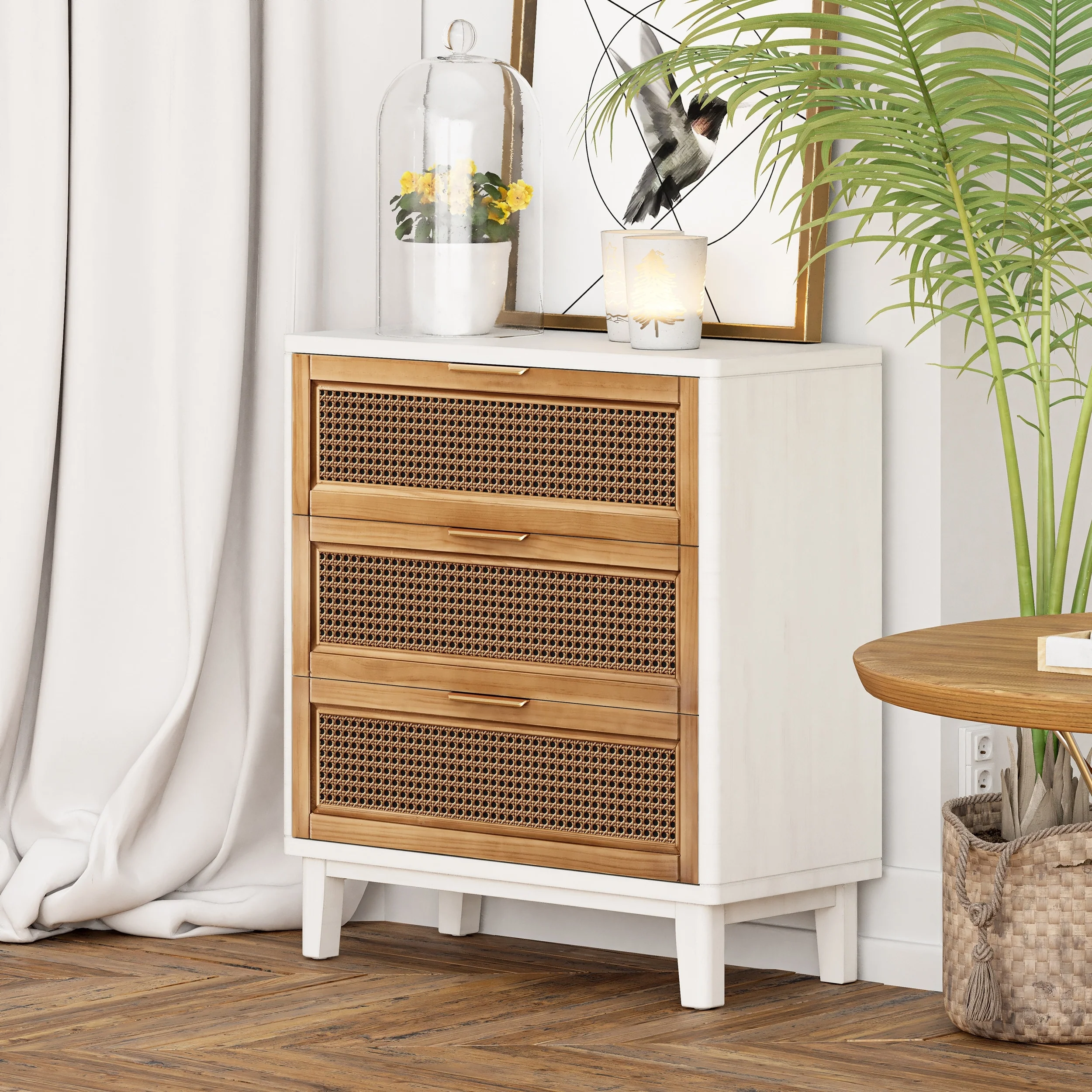 COZAYH Farmhouse 3-Drawer Nightstand, Rattan Cane Front Accent Dresser for Living Room, Bedroom