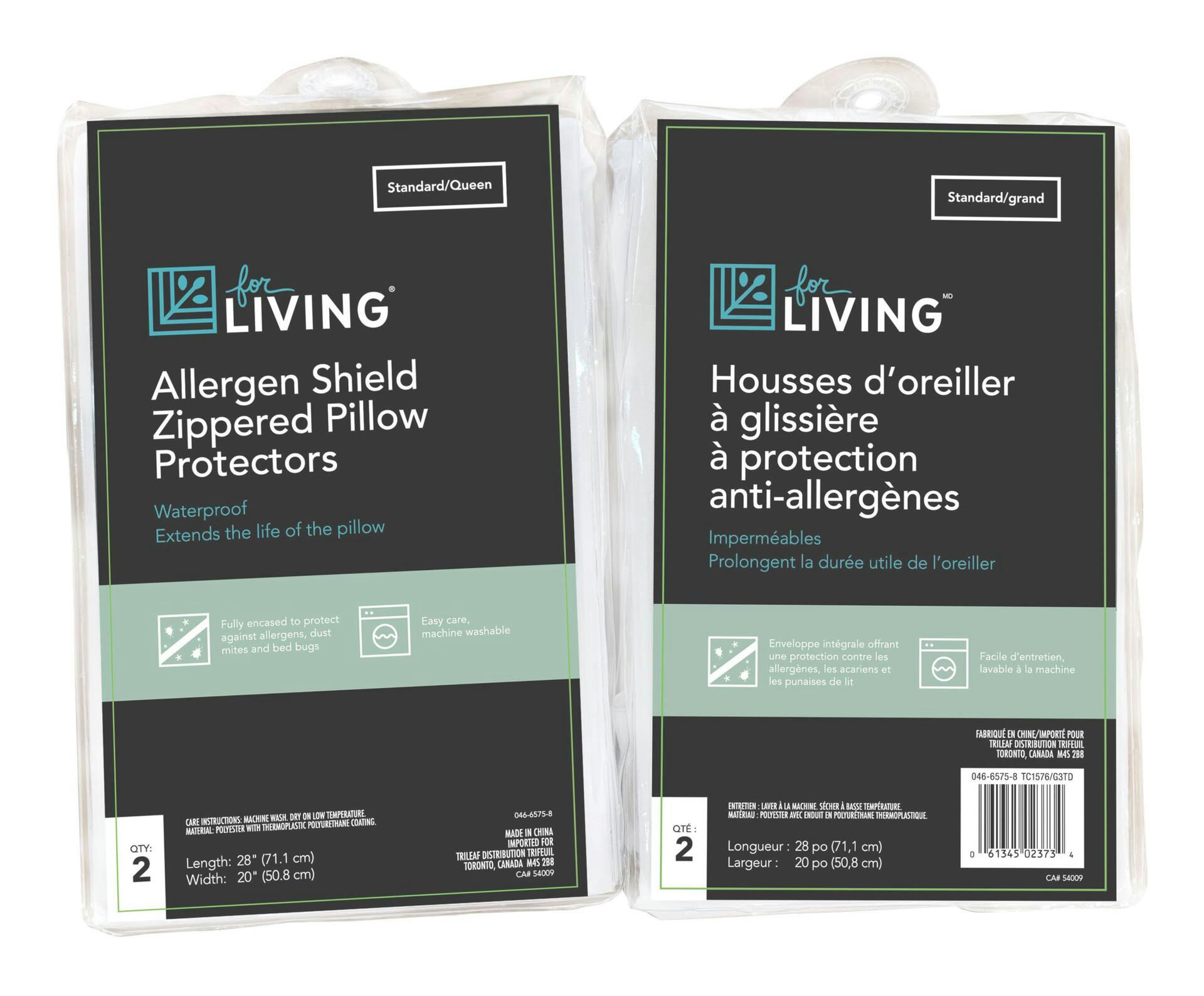 For Living Allergen Shield 100% Cotton Zippered Pillow Protector, White, 2-pk