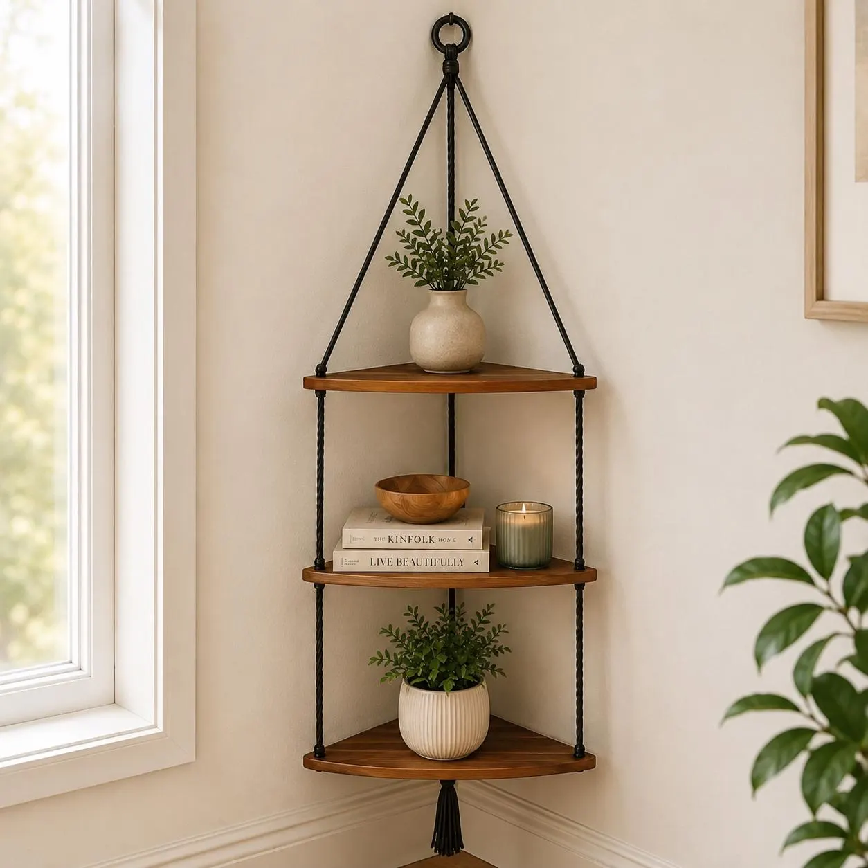 Boho Wooden Corner Shelf, Hanging Rope Wall Shelf, Rustic Floating Shelf for Plants, Handmade Home Wall Decor