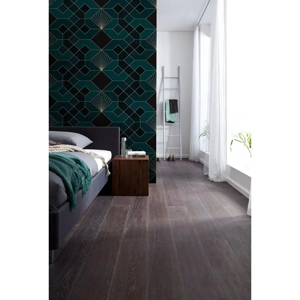 Sanders & Sanders fotobehang art deco motief petrolgroen en goud - 300 x 280 cm