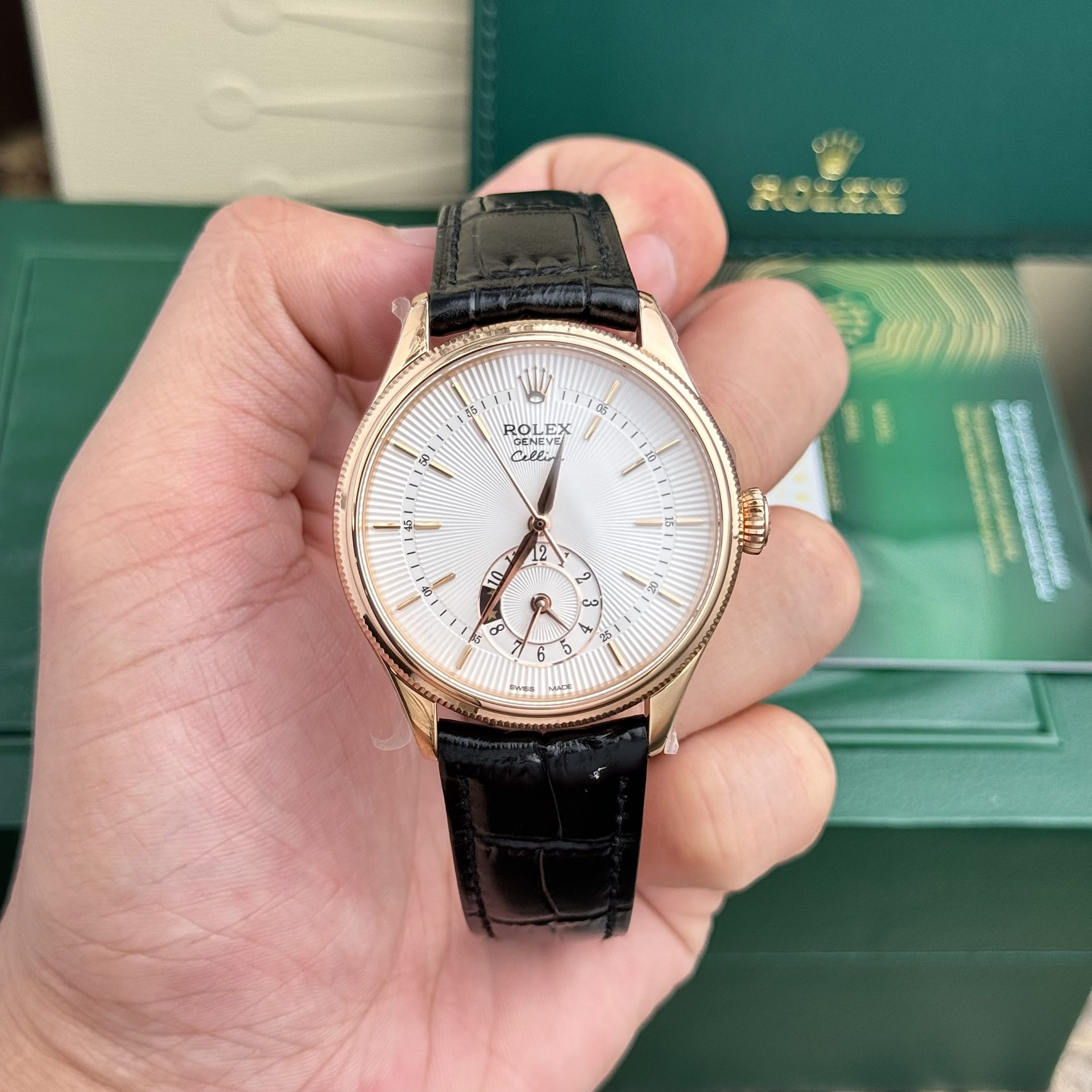 Rolex Cellini 50525 RG Plated White Dial 39mm Leather AAA Replica