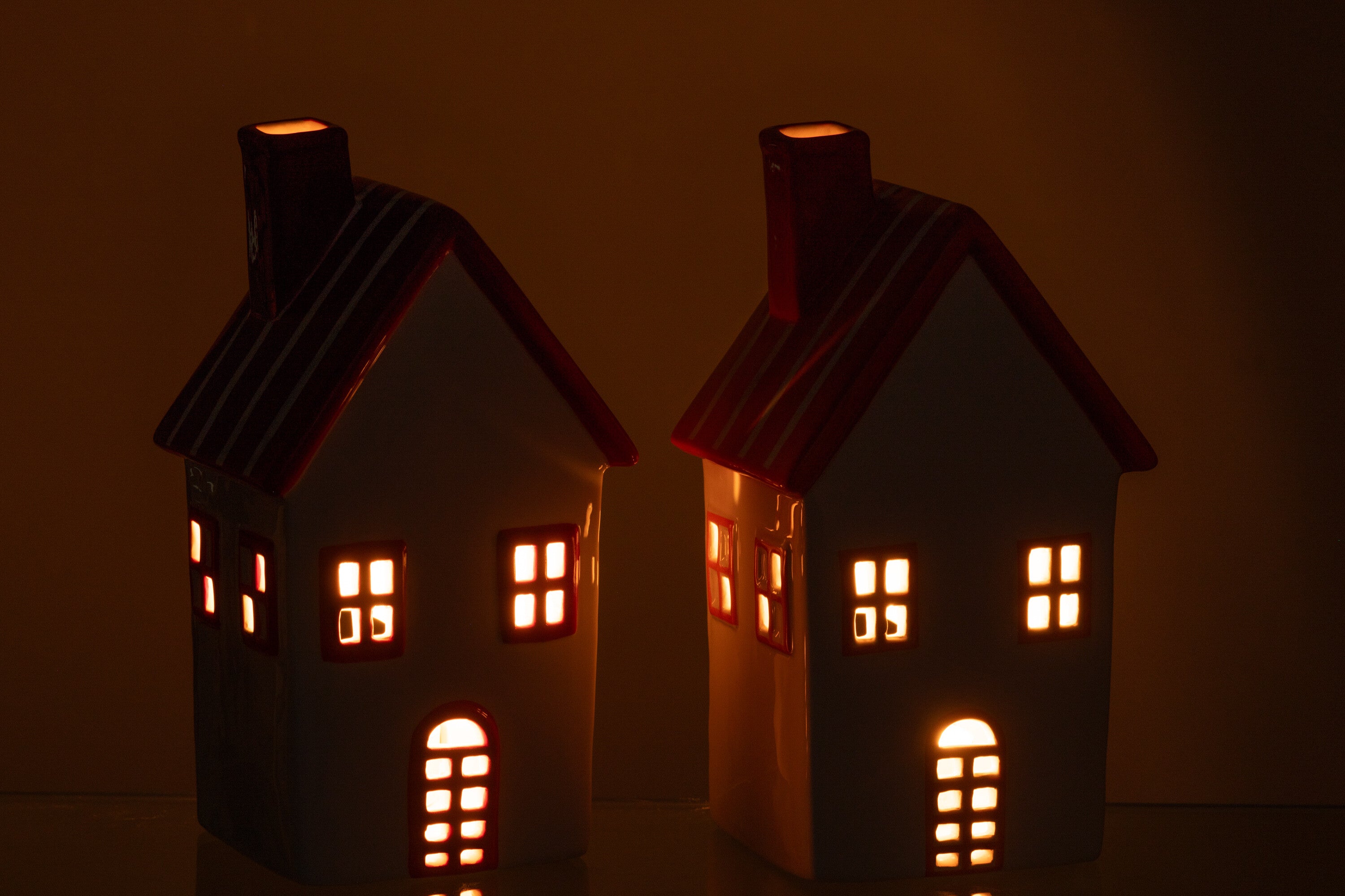 J-Line theelichthouder Huis Dolomiet - keramiek - oranje/rood - 2 stuks
