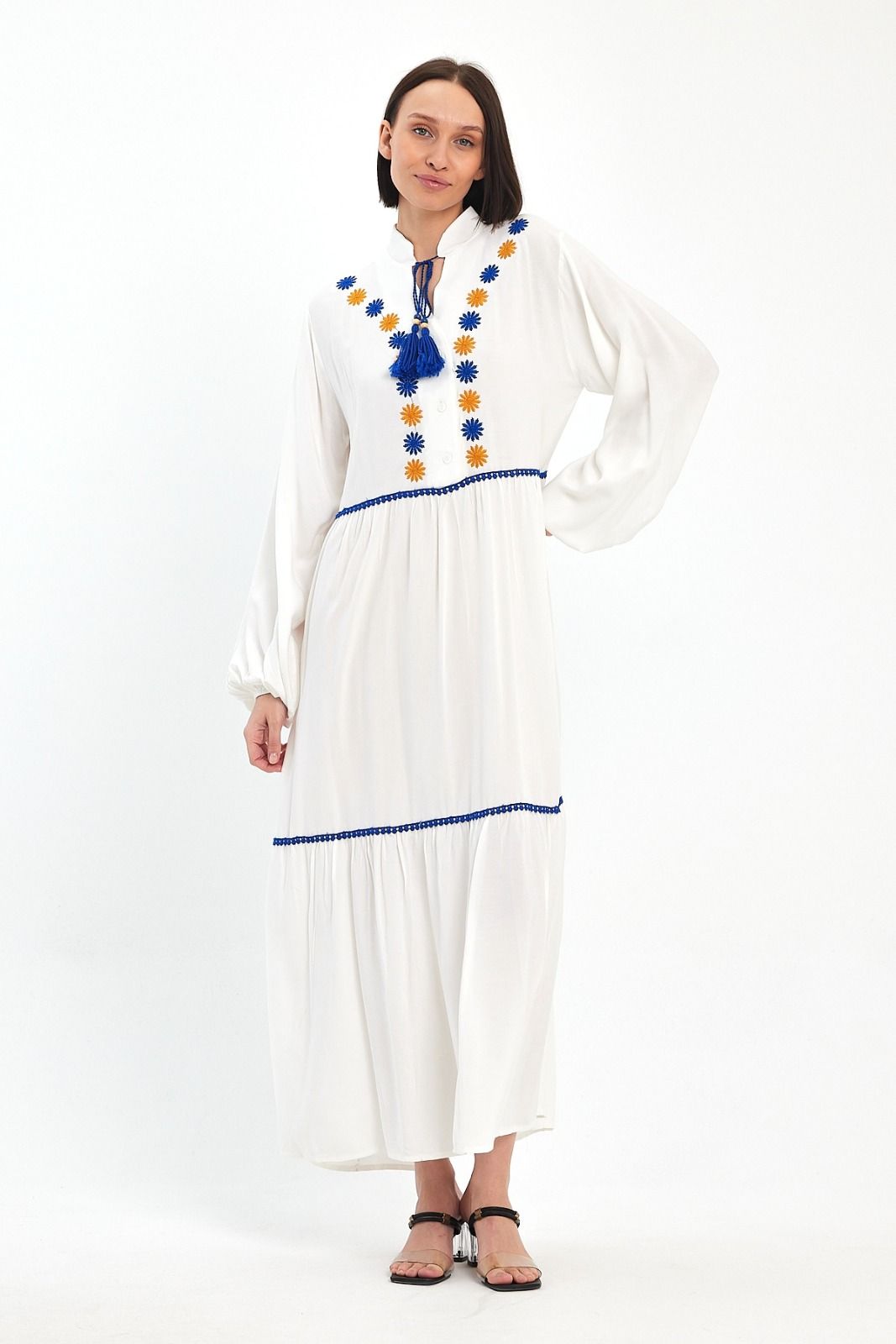Belissh Embroidered Maxi Dress with Tassel Tie in White