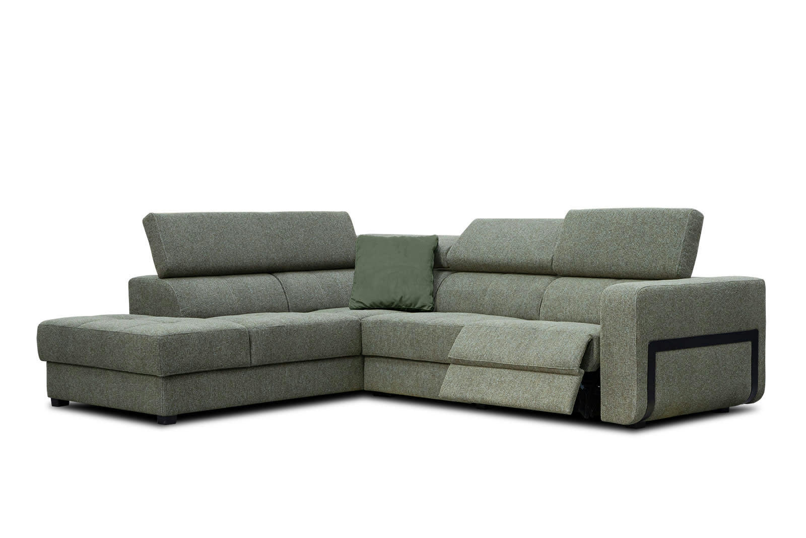 BERGO - Canapé d'angle gauche 5 places avec une relax électrique tissu vert