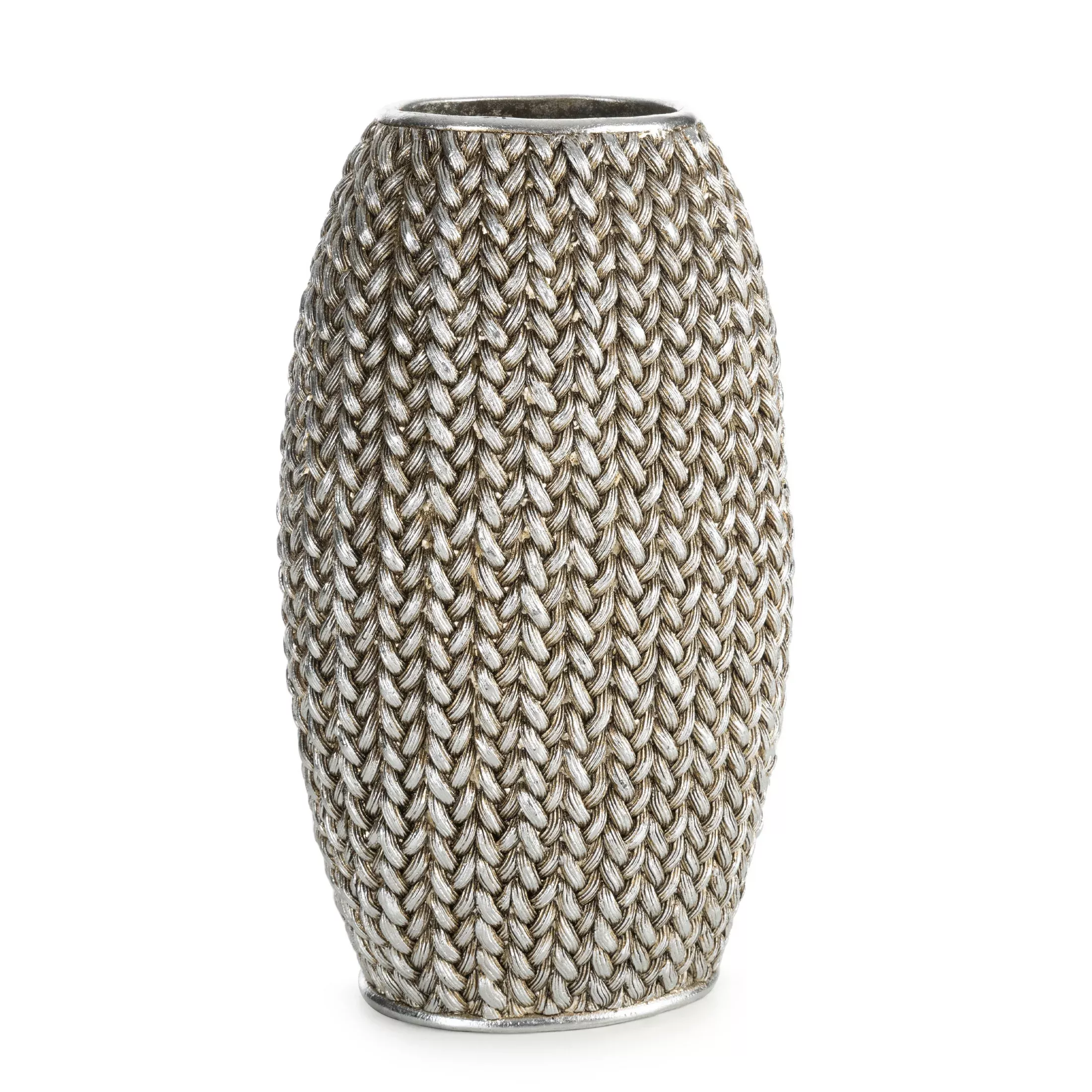 Wazon srebrny dekoracyjny zdobiony wzorem plecionego sweterka 16x12x27 cm MOLI