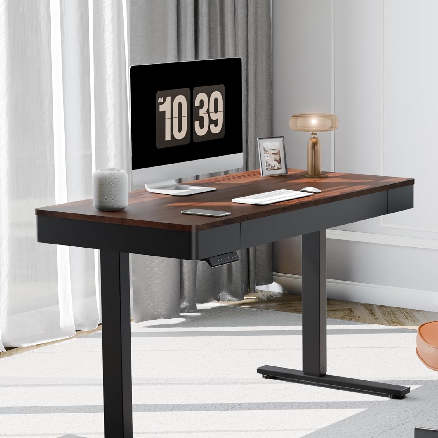 FLEXISPOT Q5 Standing Desk with Drawer, 48 x 24 Inch Electric Adjustable Height Stand Up Desk with Storage Organizer, Whole Piece Wooden Desktop for Home, Office, Computer Workstation, Dark Walnut