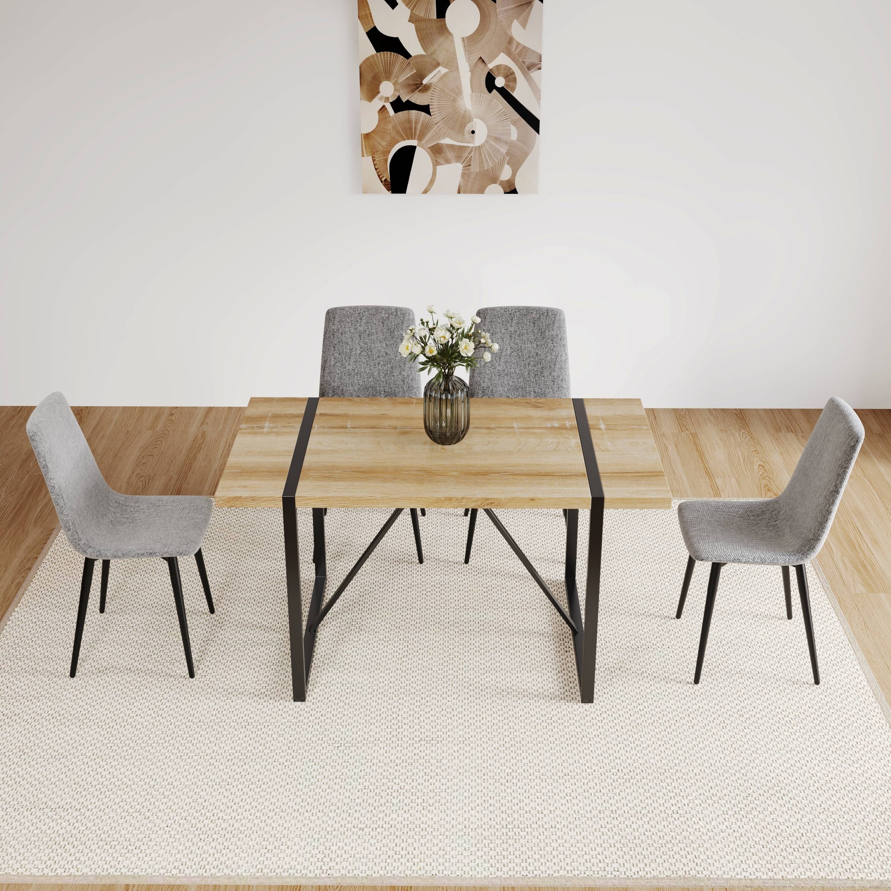 5-Piece Dining Table Set with Square Table and Upholstered Chairs, Wooden Kitchen Table Set with Metal Base & Legs