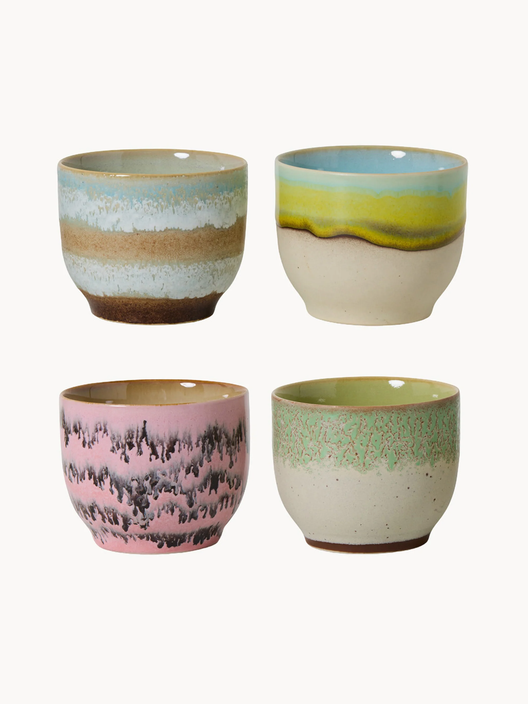 Handgefertigte Becher 70's mit reaktiver Glasur, 4er-Set