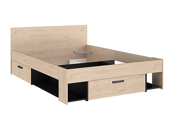 Lit 140 x 190/200 cm avec rangements - Coloris : Naturel et noir   Sommier - KINSELIA