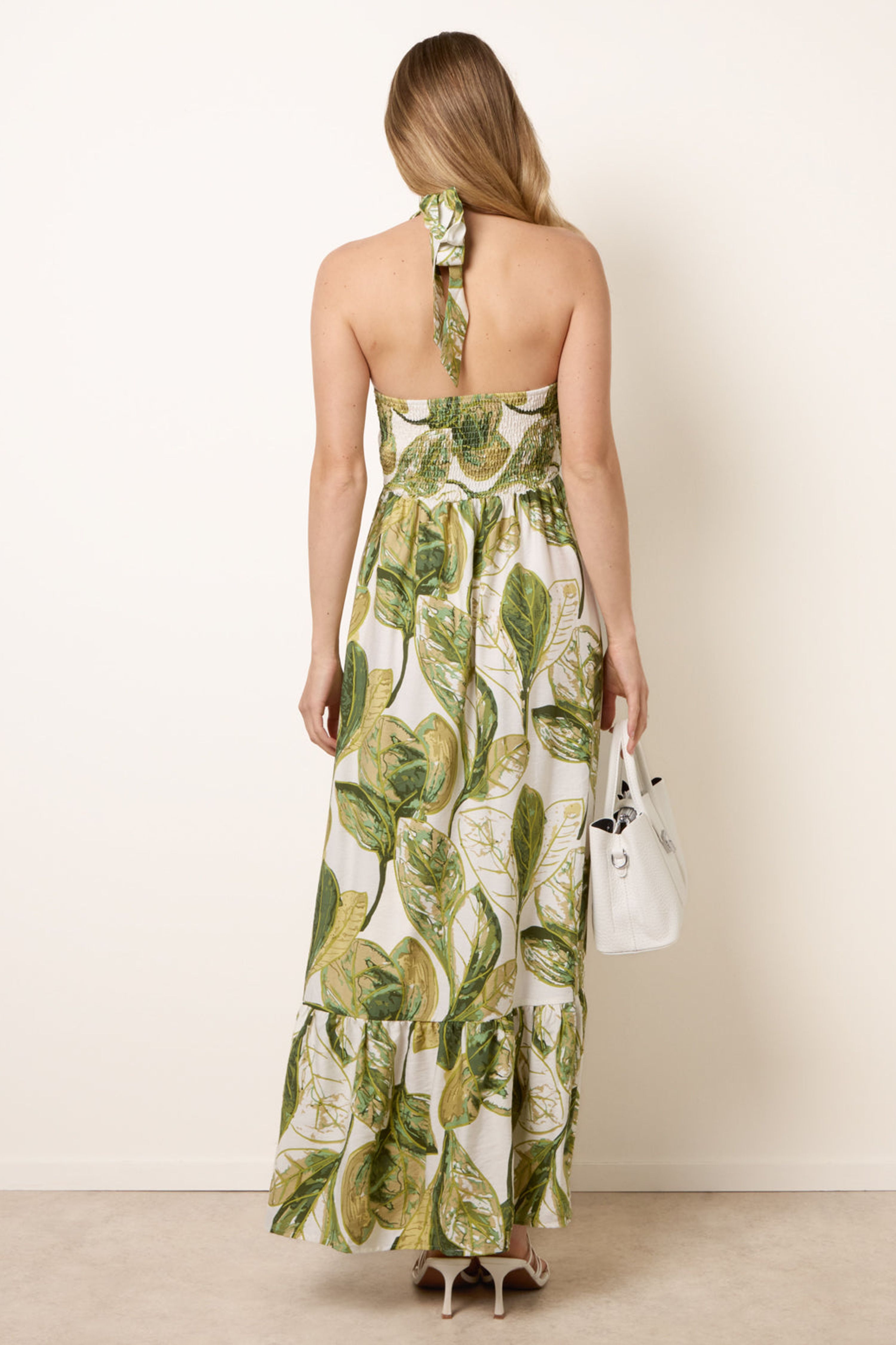 Blue Vanilla Green Leaf Print Halter Neck Dress