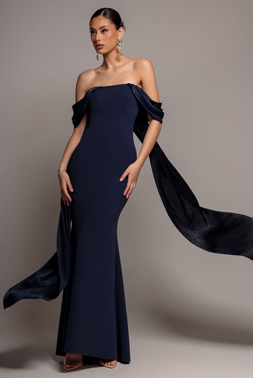 Goddiva Off Shoulder Velvet Satin Wing Cape Maxi Dress