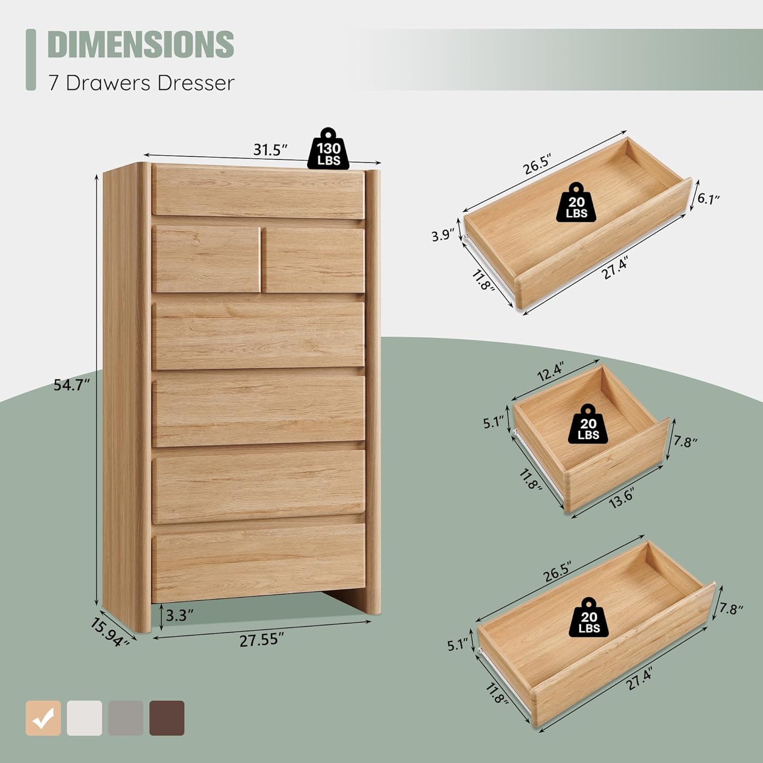 Modern 7 Drawers Dresser for Bedroom, 54.7 Tall Large Dresser & Chests of Drawers w/Rounded Corner, Wood Handleless Organizer Dresser w/Natural Texture for Bedroom, Living Room-Natural