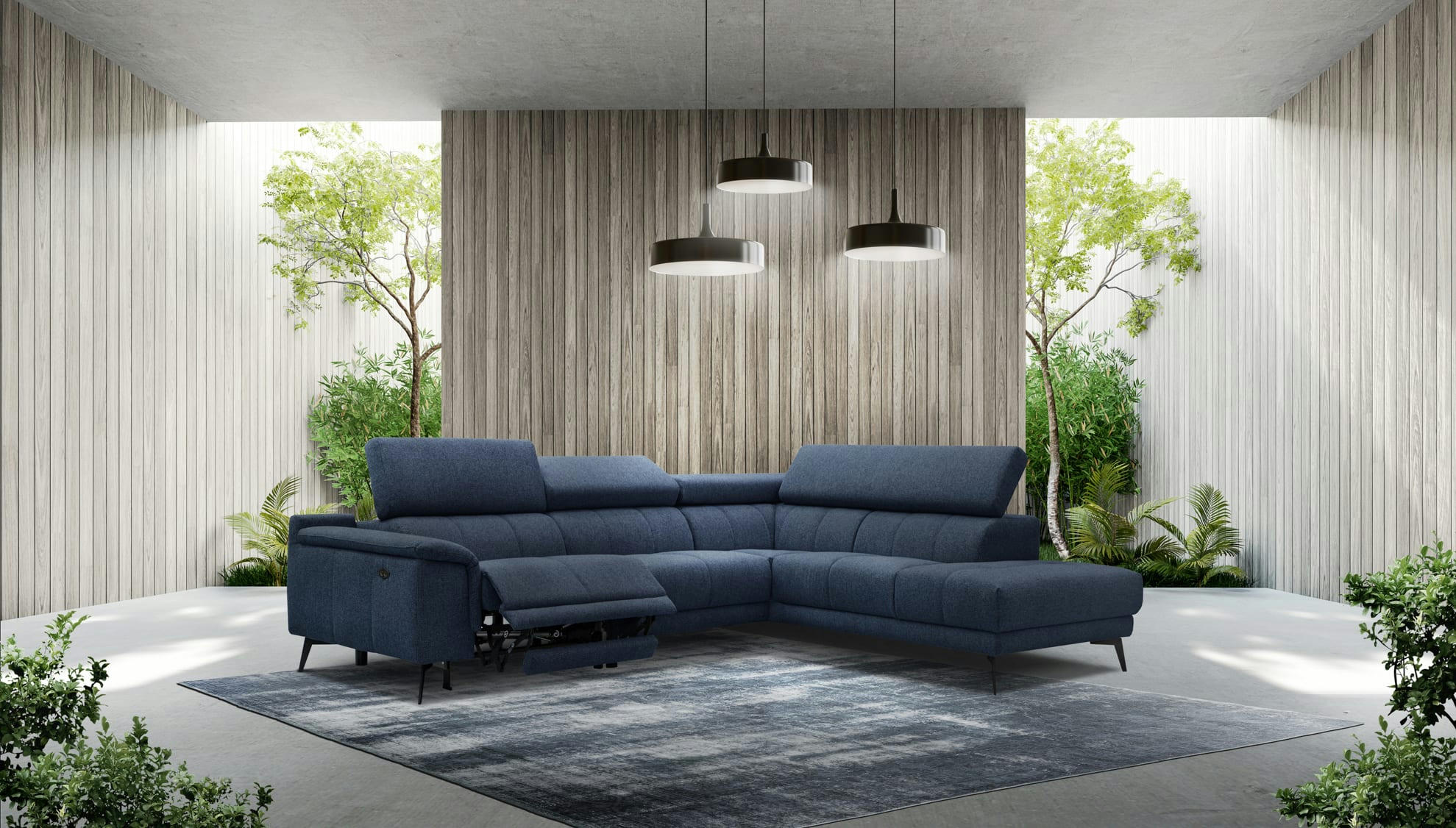 FIERO - Canapé d'angle droit 5 places relax électrique tissu bleu foncé