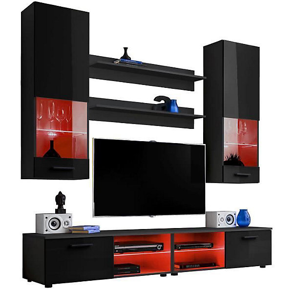 Ensembles de meubles TV Varallo Komodee - LED RGB - Noir Brillant &Noir - Façades en Brillant - L200cm x H195cm x P45cm