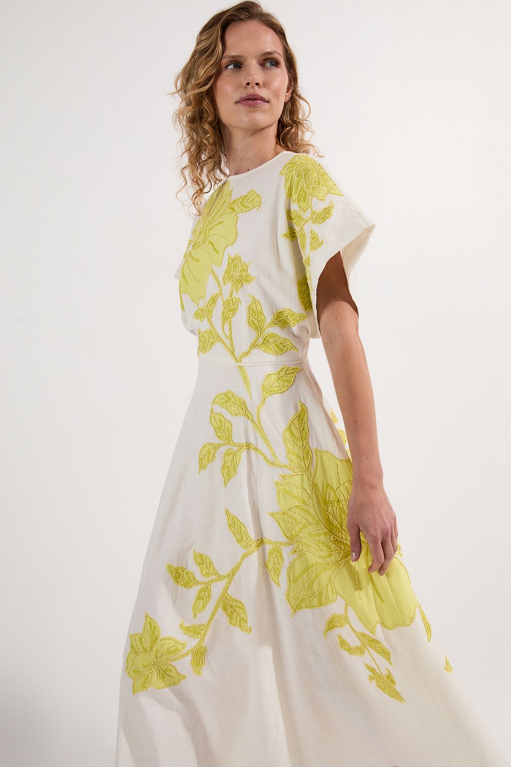KarenMillen Petite Applique And Beaded Linen Woven Midi Dress With Tie Back Detail