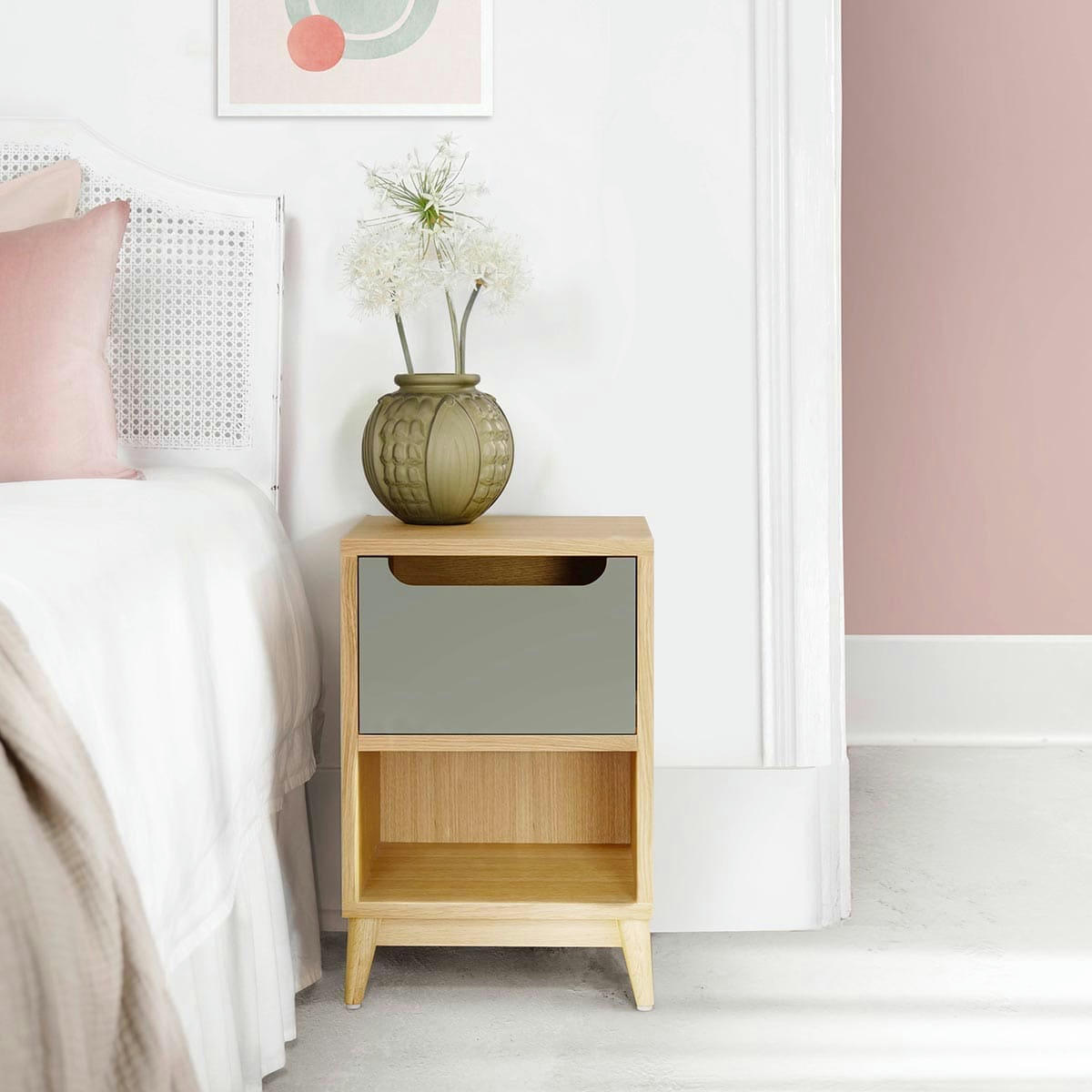 UNIK - Table de chevet en bois - chene et kaki, 1 porte- 54*36*32