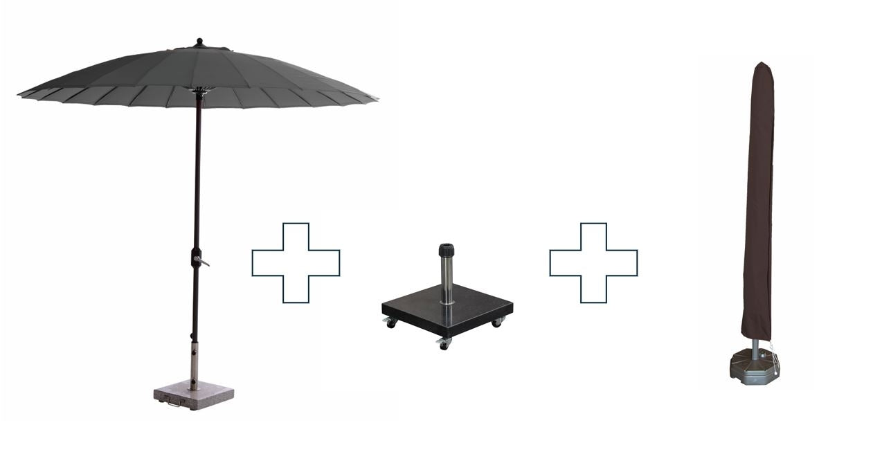 Set ronde Manilla parasol - met voet en hoes - 250 cm - Donkergrijs