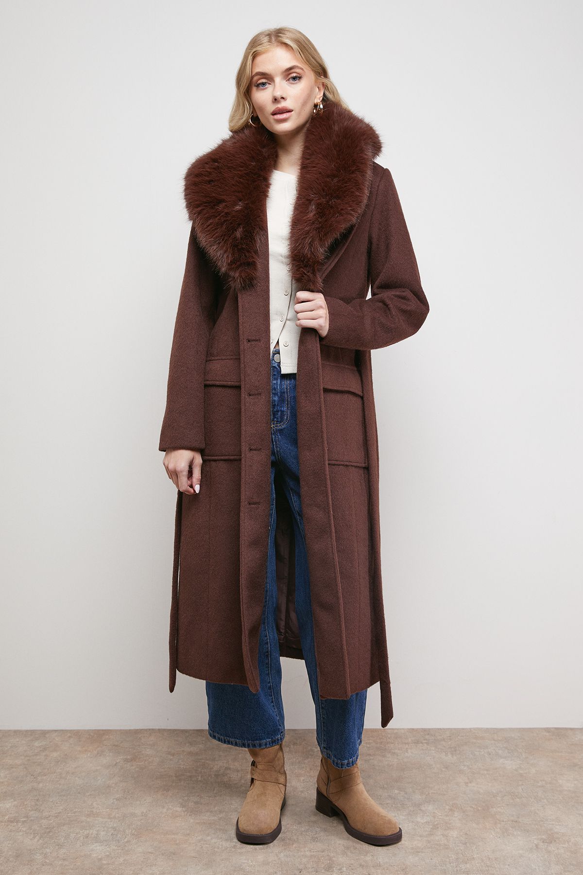 Oasis Buckle Detail Faux Fur Collar Belted Coat