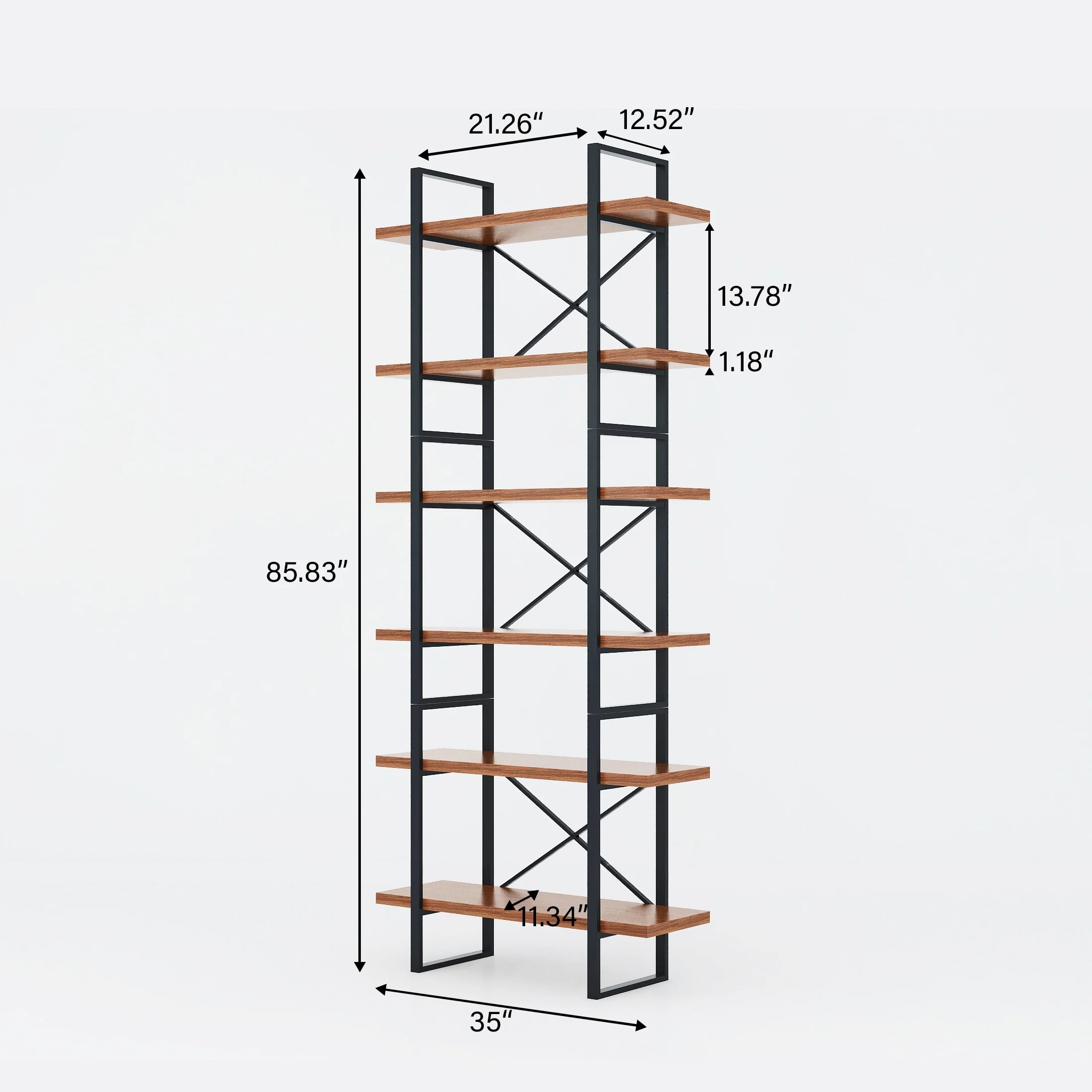 Stonegate 6-Tier Industrial JD Walnut Bookcase - 85 H x 35.43 W x 12.5 D