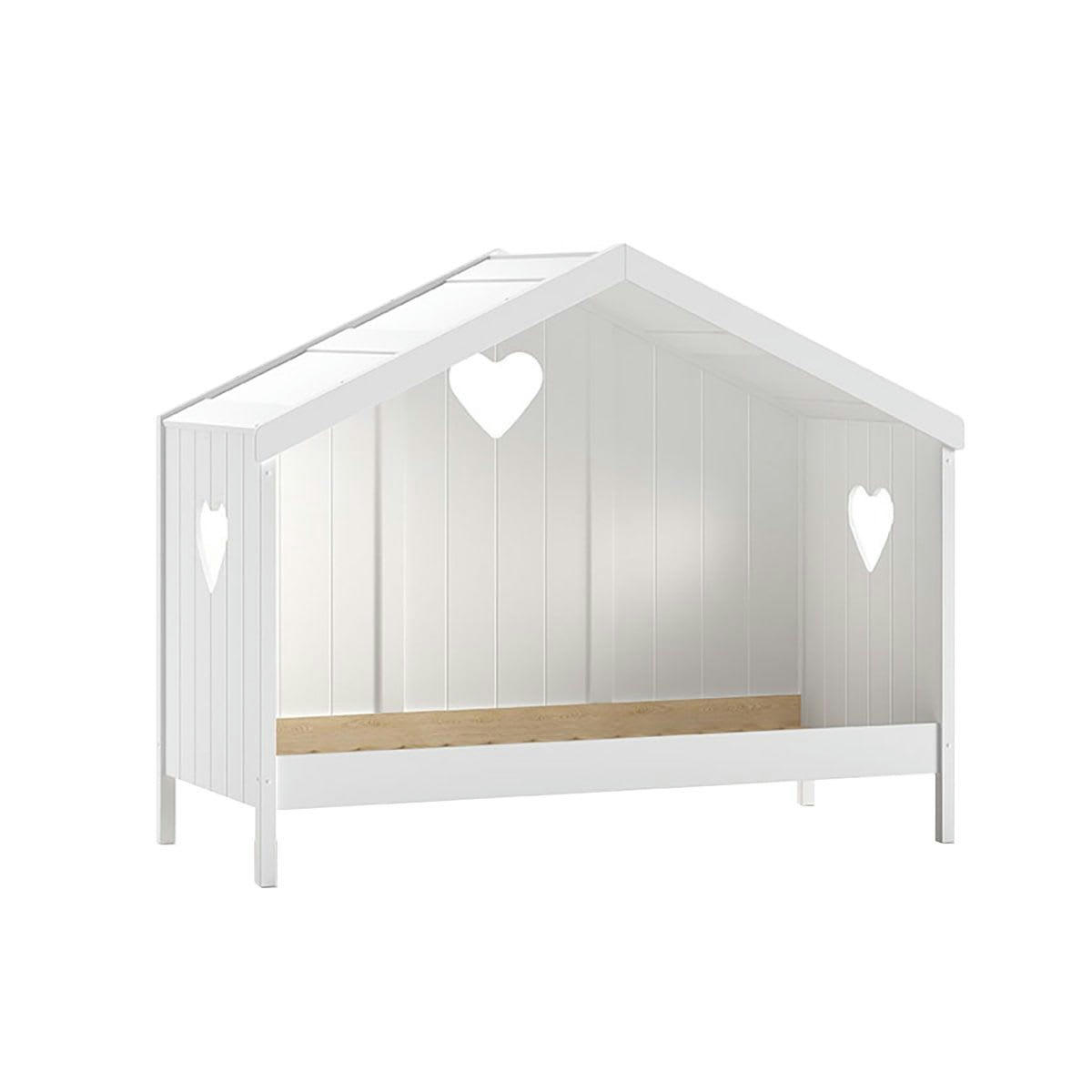 MILADY - Lit  cabane 90x200cm blanc motifs coeurs ajourés