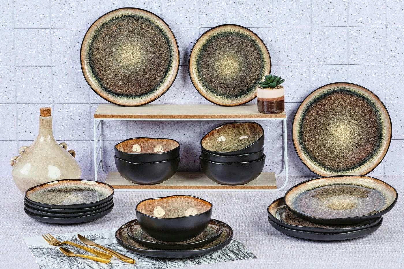 REACTIV - Set vaisselle 18 pièces en grès marron