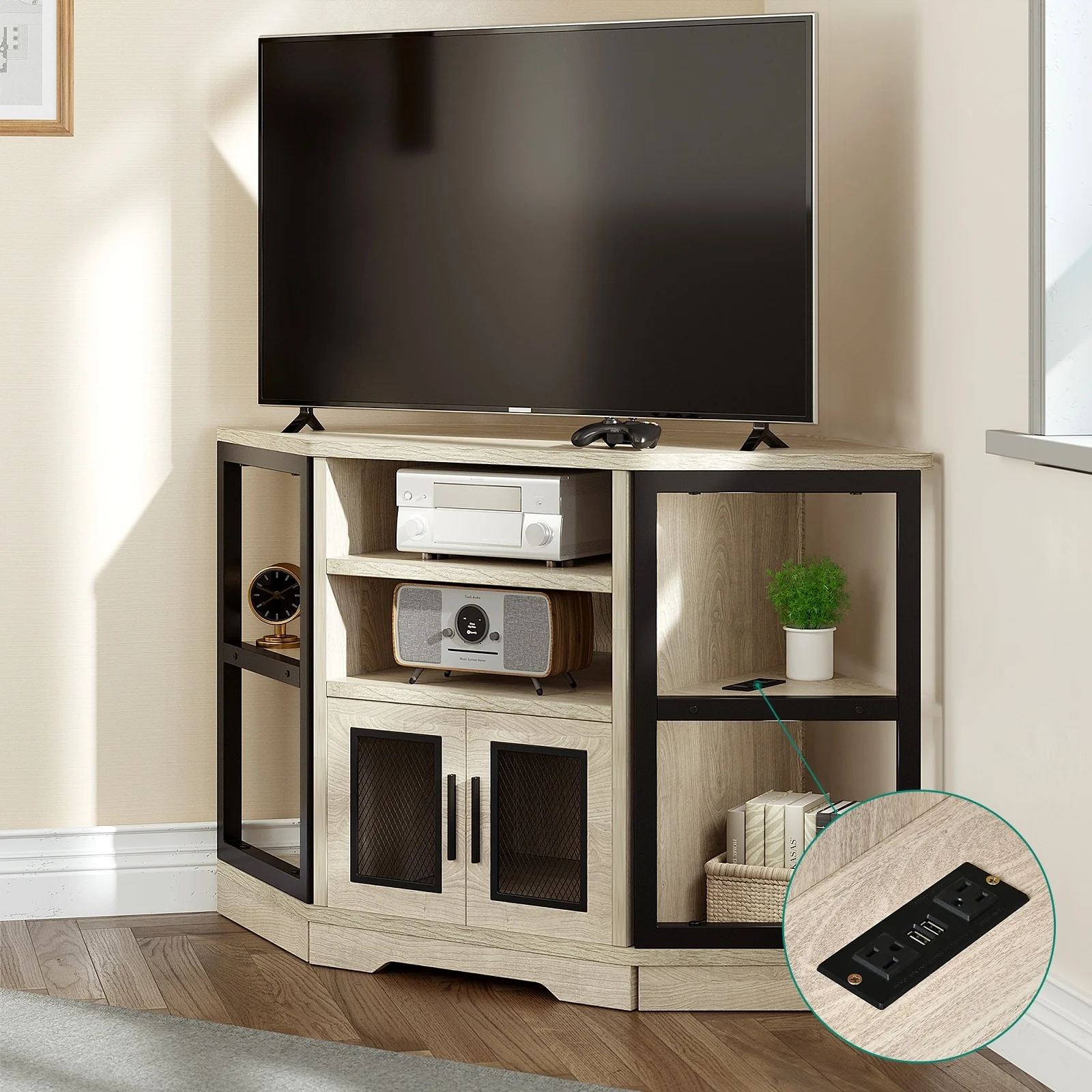 Farmhouse Corner TV Stand Entertainment Center Media Console for TVs up to 55 with Power Outlet