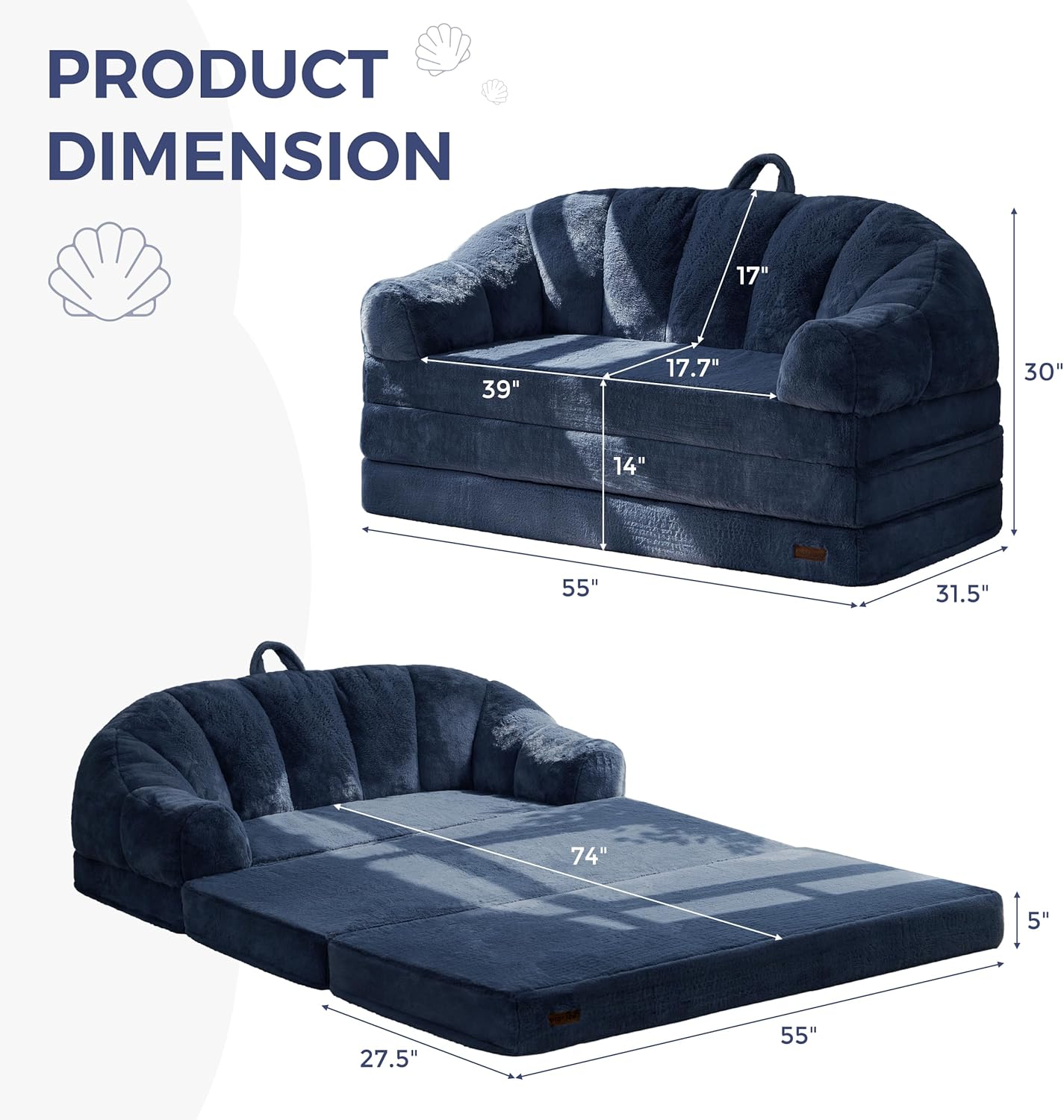 MAXYOYO Folding Sofa Bed, 2 in 1 Convertible Sofa to Lounger Comfy Loveseat Bean Bag Chair for Adults, Floor Sleeper Couch with Handle, Faux Fur Couch Bed for Living Room Bedroom, Navy, Loveseat