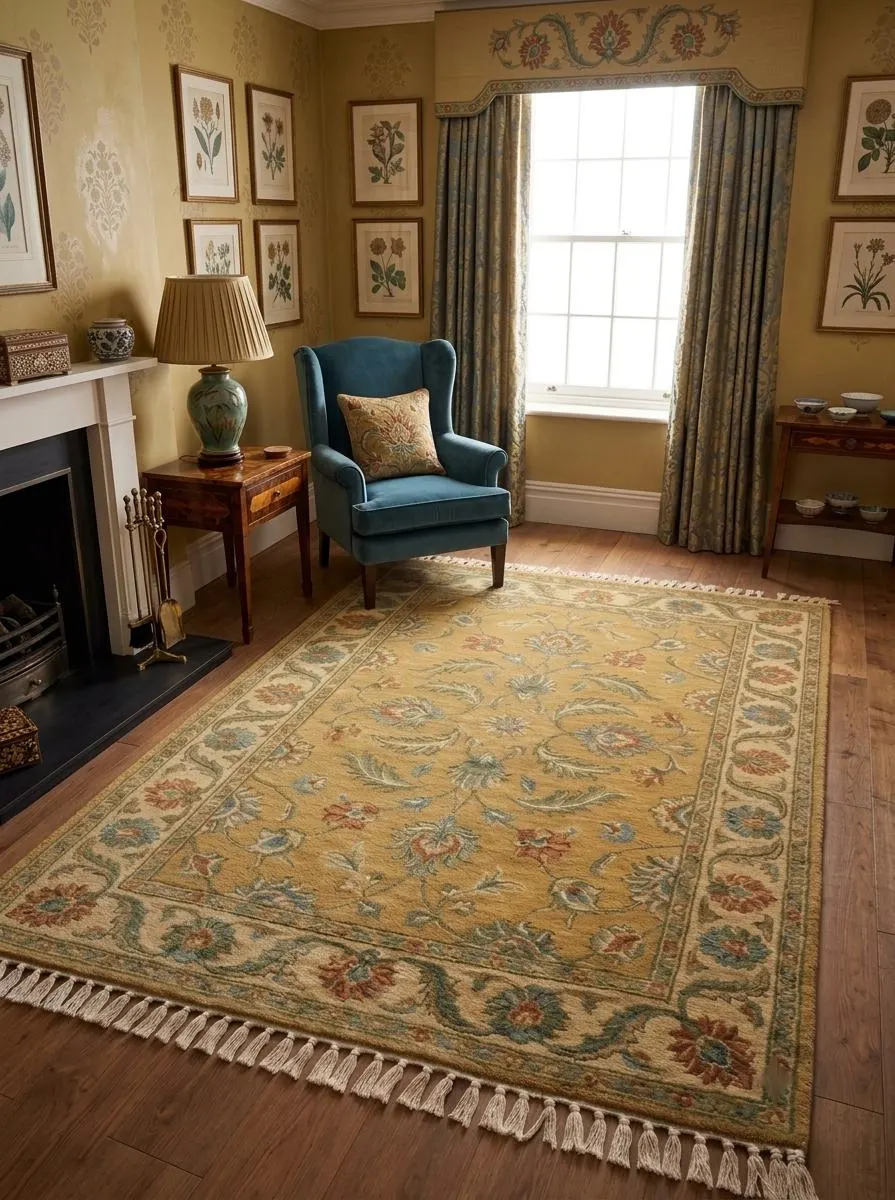 Persian Style Hand Knotted Mustard Oushak 7x13 Rug, Gold Cream Floral Oriental 8x10 Rugs, Traditional Carpet For Living Room & Bedroom Decor