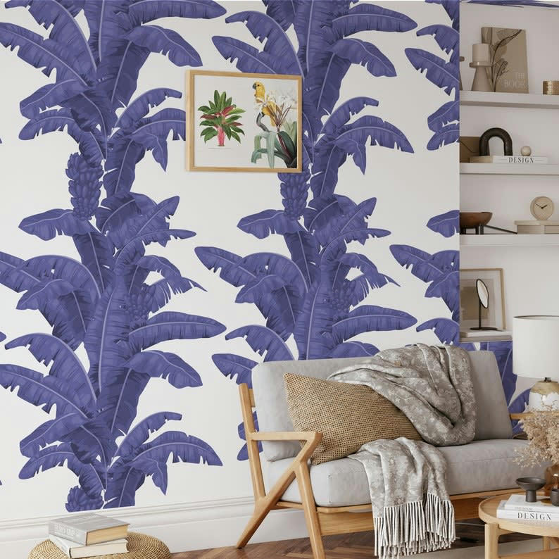 TROPICALI - Papier Peint Palmes Exotiques Blanc et Bleu 250x200 cm