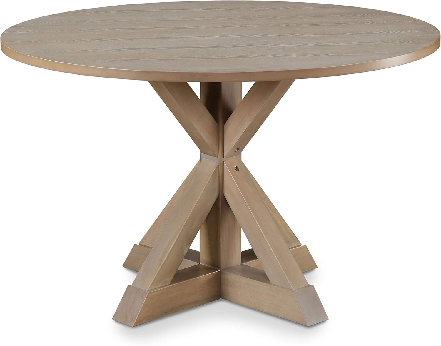 Alfred Solid Wood Round Dining Table for 4, Farmhouse Kitchen and Dining Room Table with Rustic Pedestal Trestle Base, 46.5 Inch, Distressed Beige