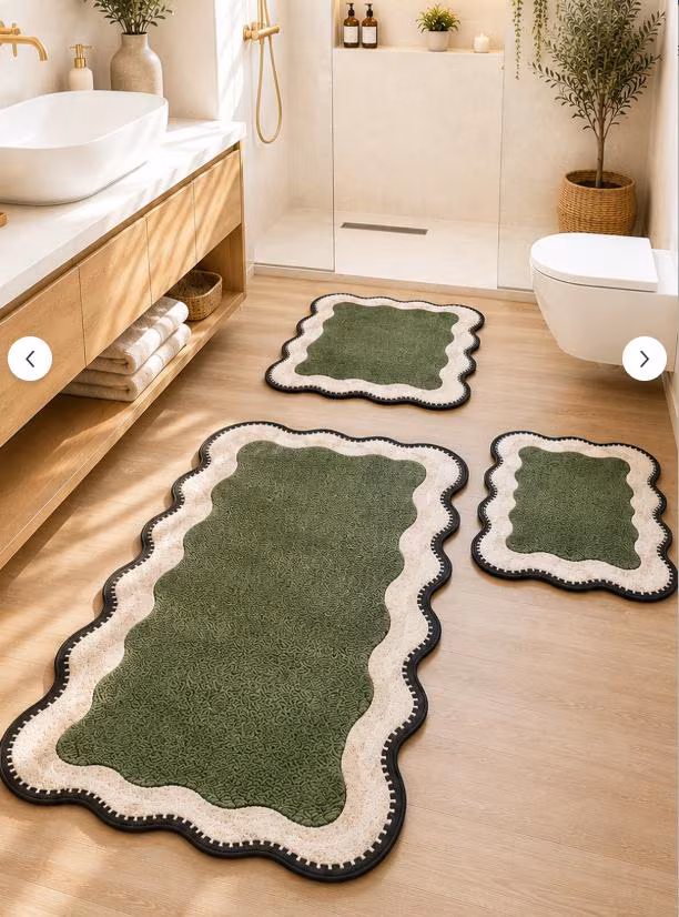 Scalloped Edge Bath Mat Set, Green Beige Wavy Boho Bathroom Rugs