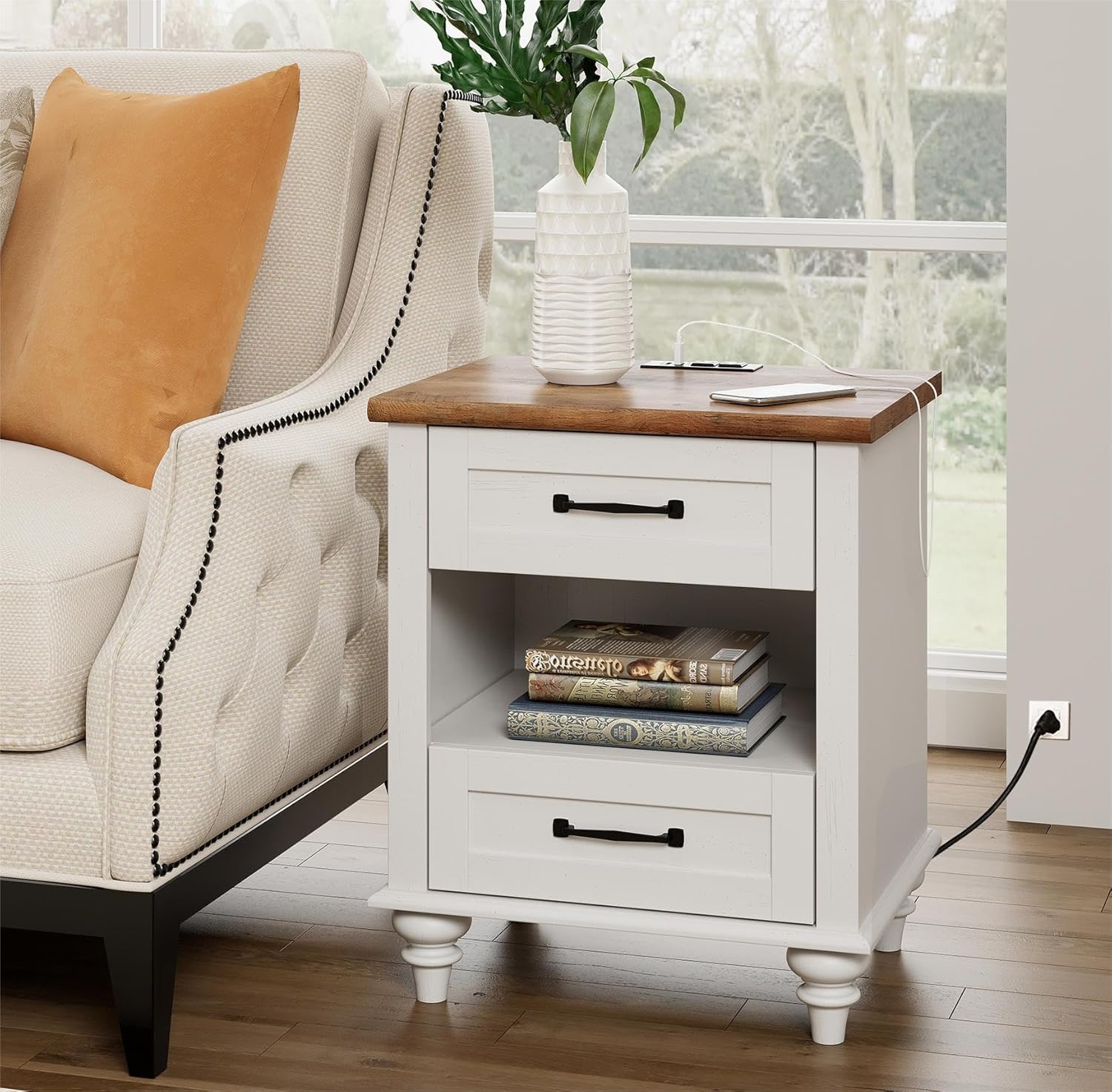 WAMPAT Off White Nightstand with 2 Drawers, Wooden End Table with Charging Station, Mid Century Modern Side Table Bedside Table for Bedroom & Living Room, 20 Inch