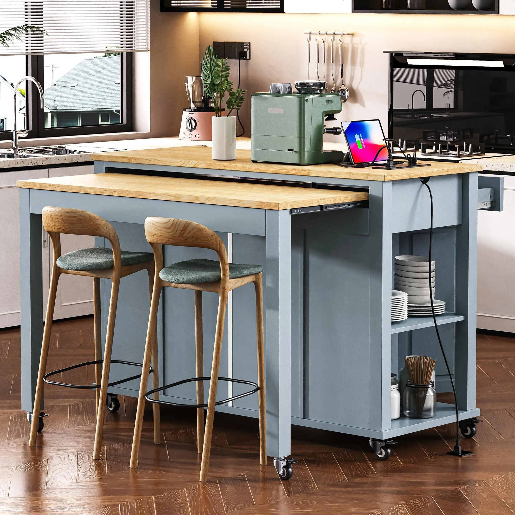47 Inch Kitchen Island with Extendable Dining Table, Internal Storage Rack, Power Outlet, Rolling Kitchen Cart on Wheels