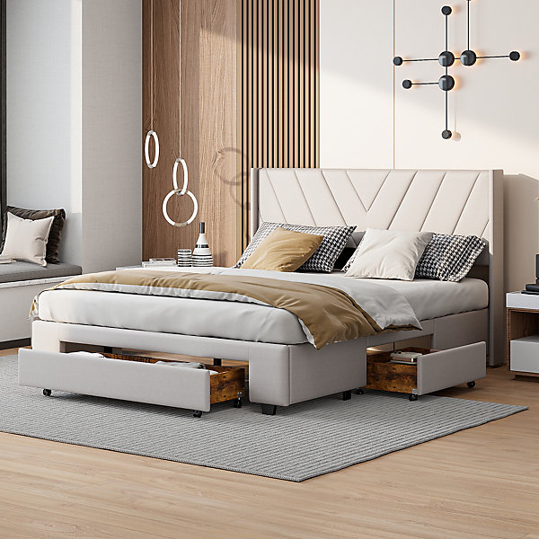 Lit double 160x200 cm avec 3 tiroirs, sommier à lattes, lit queen size, linge, lit capitonné pour adulte - Beige