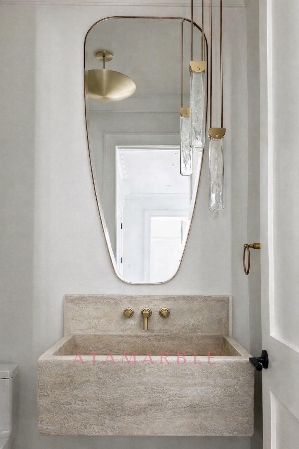 Hand Carved Travertine Wall Mount Sink: Natural Stone Bathroom Vanity