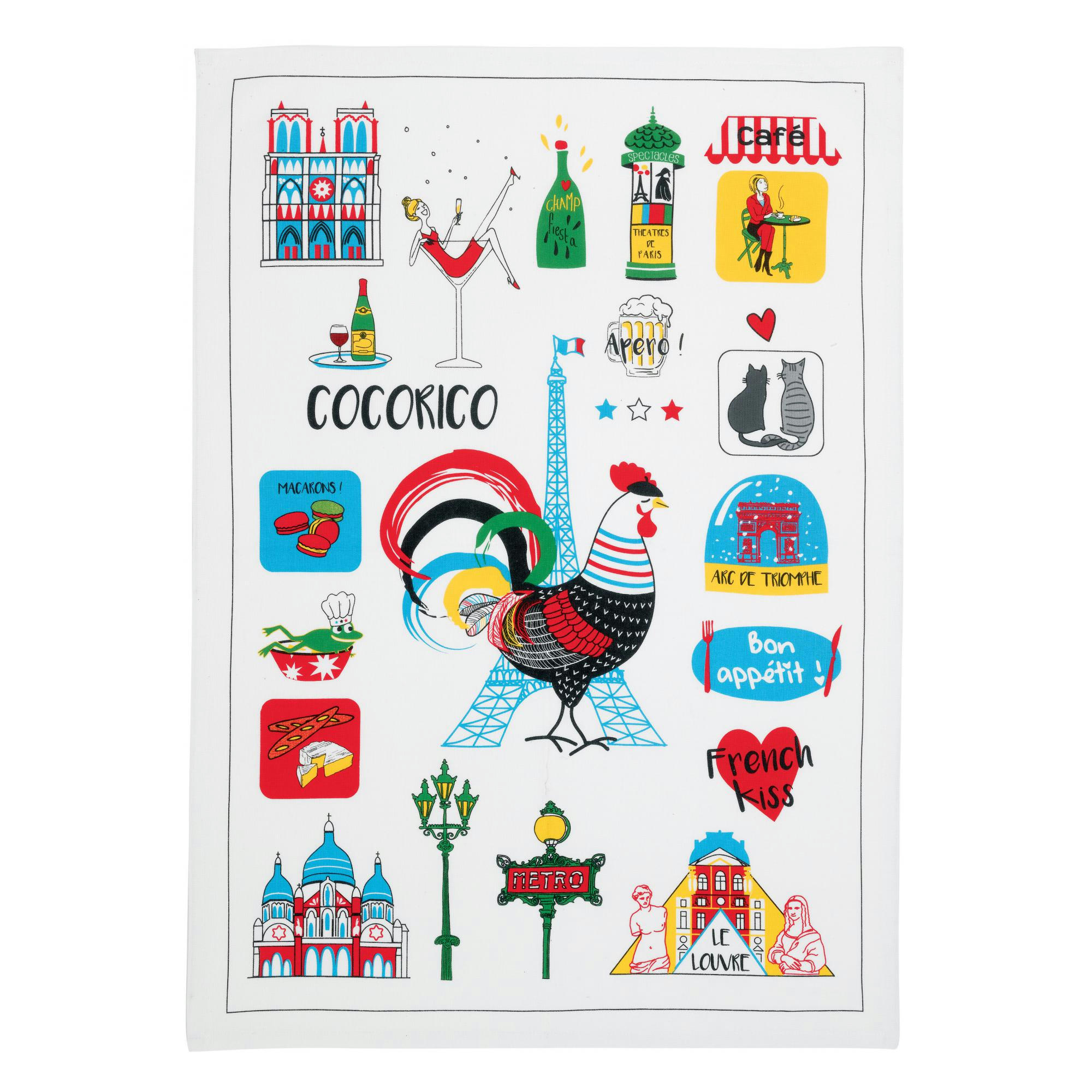 PARIS - Torchon france emoticônes en coton ecru 70 x 50