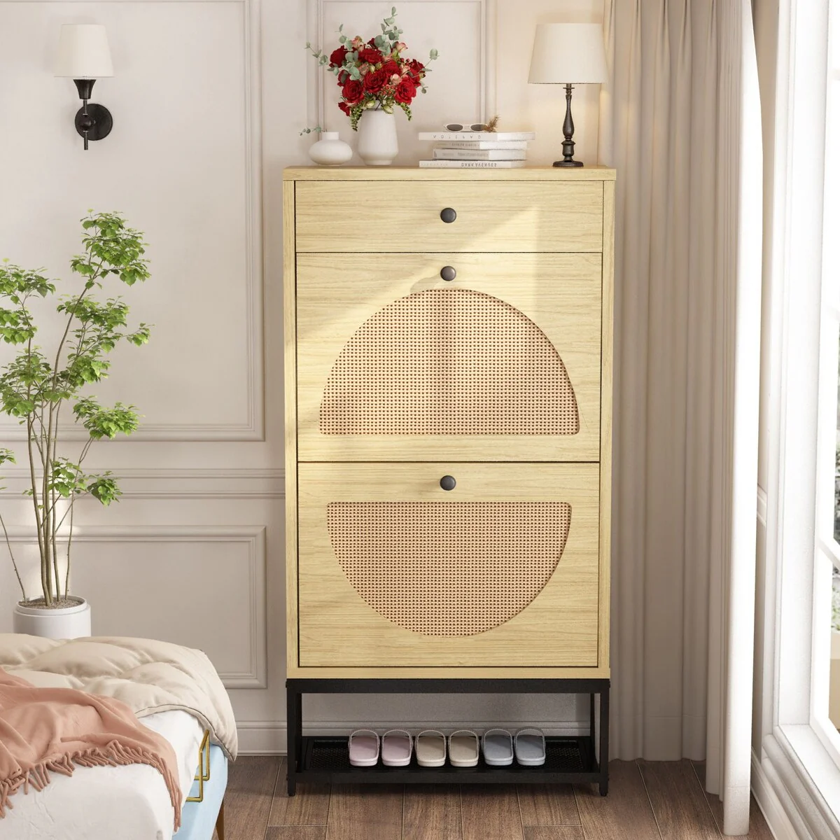 Shoe Cabinet with 2 Flip Drawers and 1 Pull Drawer, Slim Shoe Storage Cabinet Entrance Hallway Free Standing Shoe Rack