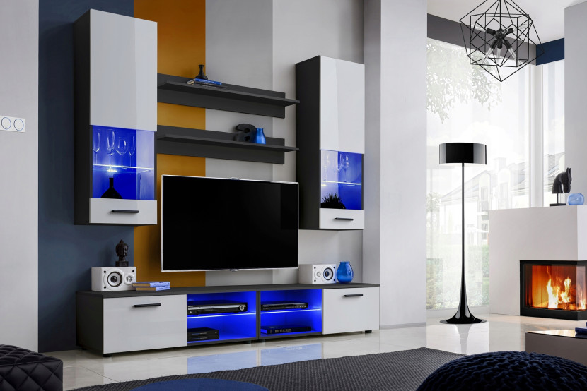 Pan Igiełka - Zestaw Mebli Komplet - Meblościanka RTV z Witrynami LED RGB
